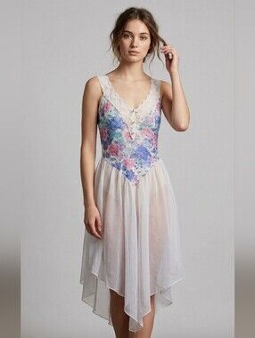 VTG White Floral Lace Slip Dress Size Large Balletcore Coquette Ethereal Fairy